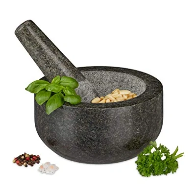 Image of Relaxdays 10029956 Pestle, Spices, Herbs, Polished Stone Mortar, Ø 16 cm, Vol. 400 ml, Granite, Grey