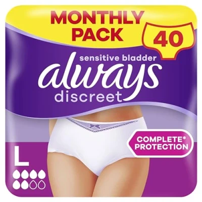 Image of Always Discreet Incontinence Pants Women Large, UK Size 16 22, White, Absorbency 5, 40 Disposable Underwear , Knickers (10 x 4 Packs), Heavy Bladder Leak Protection Maternity Postpartum