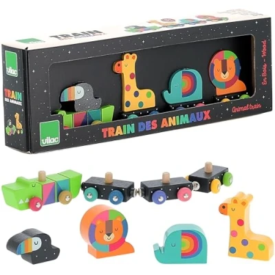 Image of Vilac Wooden Magnetic Montessori Toy, Imaginative play, Illustrated By Andy Westface 1 Crocodile Locomotive, 3 Carriages, 4 Animal Passengers, 36 x 5 10 cm, Train of Animals