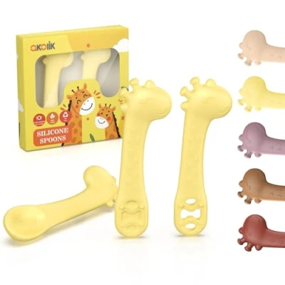 Image of akolik Baby Spoons Self Feeding, Newborn Led Weaning Supplies Toddler Spoon, Silicone Chew Essentials Set, Infant Puree Maker Utensils for 4 6 9 12 Months Old Boys Girls Gifts (Yellow)
