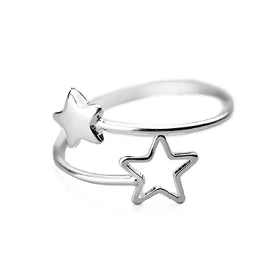 Image of Double Star Wrap Open Ring for Women Teen Girls S925 Sterling Silver Dainty Adjustable Statement Engagement Thin Tiny Finger Rings Jewelry Gifts BFF Daughter Birthday