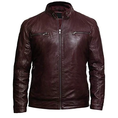 Image of BRANDSLOCK Mens Genuine Leather Biker Jacket Vintage Crinkle Retro (S, Burgundy)