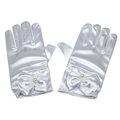 Image of RUNHENG Flower Girl Stretchy Satin Bowknot Wrist Length Gloves, 16cm (White)