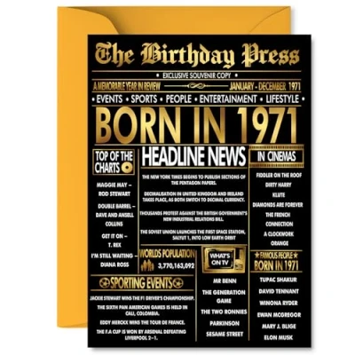 Image of Gold 54th Birthday Card for Men Women Black &amp; Golden Newspaper Born in 1971 Happy 54 Cards Daughter Cousin Grandma Uncle Dad Auntie, 5x7 Inch Bday Greeting