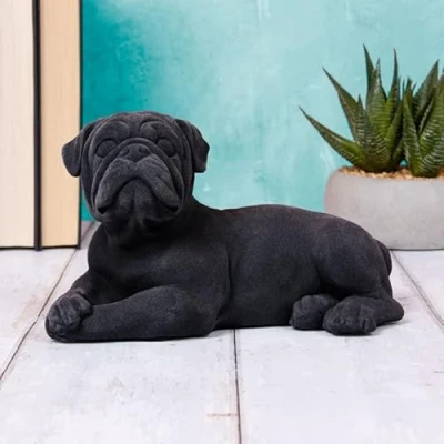 Image of Black Velvet Pug Laying Ornament Dog Puppy Velveteen Figurine