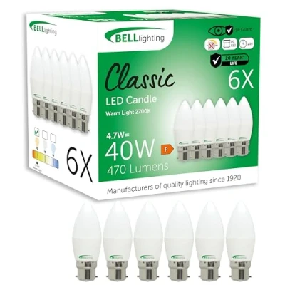 Image of Bell Lighting B22 Bayonet Light Bulb LED Candle 6 Pack Warm White 2700K 470 Lumen 4.7 Watts Energy Saving 40W Halogen Lamp Equivalent Non Dimmable