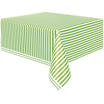 Image of Unique Party 50304 Plastic Lime Green Striped Tablecloth, 9ft x 4.5ft