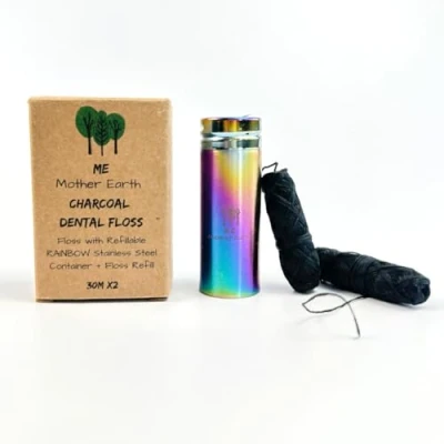 Image of Vegan Biodegradable Bamboo Charcoal Dental Floss with Refillable Stainless Steel Rainbow Container Extra Refill Natural Candelilla Wax 30M x2 Peppermint Eco Zero Waste Oral Care
