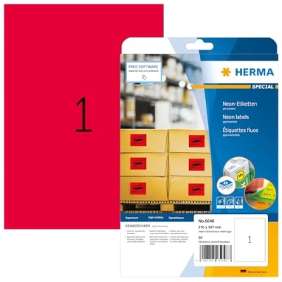Image of HERMA Self Adhesive Coloured Labels, 1 Label per A4 Sheet, 20 Sheets, 210 x 297 mm, Blank Colour Labels Stickers, Sticky for Laser &amp; Inkjet Printer, Neon Red