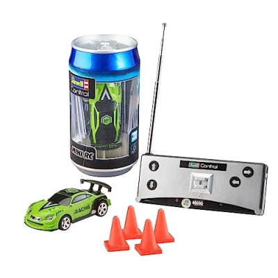 Image of Revell Control 23560 Mini Remote Car Racing Green, With 40 MHz Control, in a Can Container, Includes Traffic Cones, 8cm length