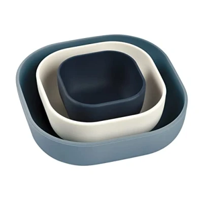 Image of BEABA, Set of 3 Stackable Silicone Bowls, Baby Meal Set, Childrens Dinnerware Nestable, Evolutive, Ergonomic, Healthy Material, Durable (Night/Cotton/Baltic)