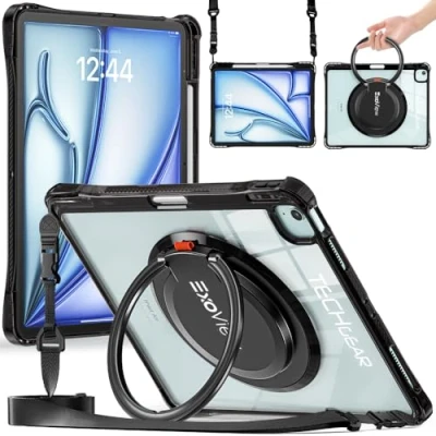 Image of TECHGEAR ExoView Case for Apple iPad Air 13&quot; 2024 (M2), Pro 12.9&quot; 2022 2021 6th / 5th Generation Tough Rugged HEAVY DUTY Slim Clear Stand Case, 360 Ring Grip Hand Holder, Shoulder Strap Black