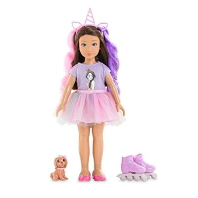 Image of Corolle 9000600030 Girls Luna Unicorn Set, Dressing Doll in Summer Outfit with Dog, Headband, Earrings and Extra Wellington Boots, 28 cm Toy Vanilla Scent, from 4 Years