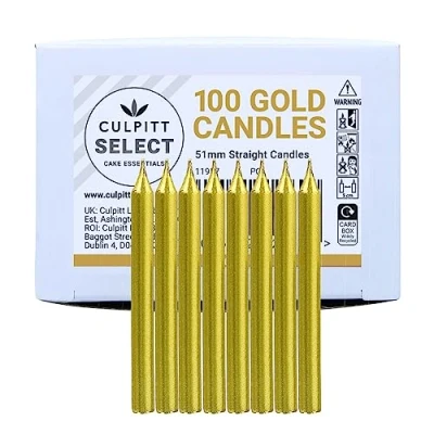 Image of Culpitt Select Gold Birthday Candles, Pack of 100, 51mm Bright Metallic Celebration Cake Candles for Party, Birthday, Treats