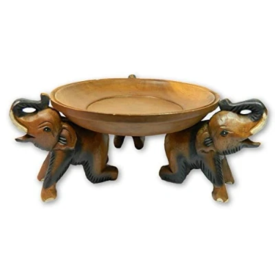 Image of Thai Gifts Wooden Elephant Tray Carving Hand Carved Table Bowl Plant Stand Medium