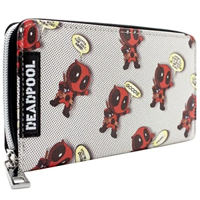 Image of Deadpool Chibi Catchphrases Polka Dot Purse Clutch Coin Pocket &amp; Card Holder, White