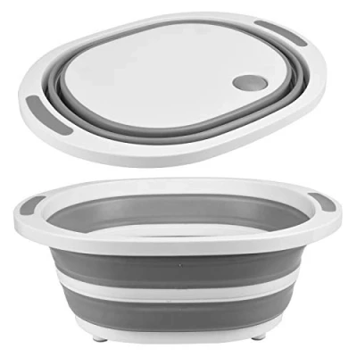 Image of ASAB Collapsible Dish Oval Pans Chopping Board Portable Washing Basin Pan Foldable Strainer Wash and Drain Tub Drainer Vegetables Fruits Salad 7L Grey