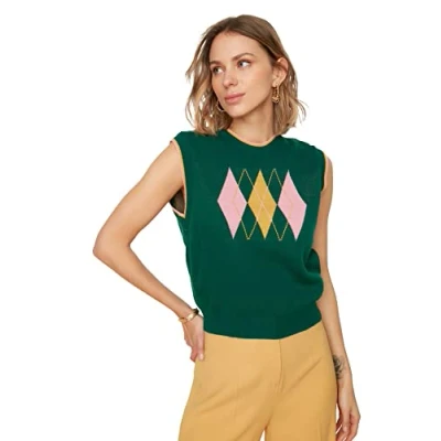 Image of Trendyol Women&#039;s Woman Regular Standard V neck Knitwear Vest Sweater, Green, M UK