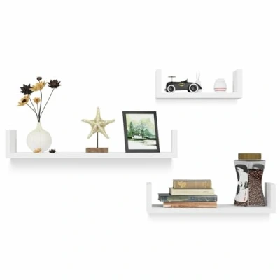 Image of YORKSHIRE HOMEWARE MDF Set of 3 U Shaped White Floating Shelves for Bedroom, Kitchen, Office, and Bathroom Decorative Wall Mounted Shelving Unit with Invisible Mounting, Modern Finish (White)
