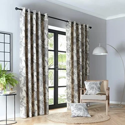 Image of Fusion Cream &amp; Charcoal Jungle Animals Curtains W46 x L72 (117 x83cm) 2x Panels Silver Eyelet Rings Toucan Leopard in Cream/Grey Luxury Drapes for Bedroom/Living Room