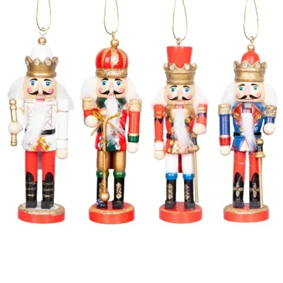Image of SHATCHI 13cm Wooden Christmas Nutcrackers 4pcs Set Soldiers King Puppet Moving Parts Figurines Tree Hanging Decoration Ornaments