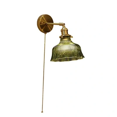 Image of JANXLE Wall Lights with Pull Cord Switch Glass Shade Bedside Vintage Lamps Copper Industrial Modern Lighting for Living Room, Bedroom, Hallway, Kitchen, Farmhouse, Hotel, E27 Base (Green)