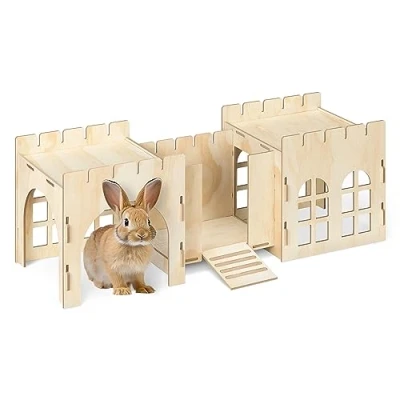 Image of Navaris Rabbit Castle Wooden Hideaway Playhouse for Pet Bunny MDF &amp; Pine Wood Toy House Hideout Fort 69 x 24 25.5 cm