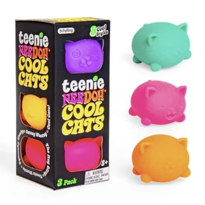 Image of Schylling Teenie NeeDoh Cool Cats (3 Pack) Mini Squishy Animals Fidget Toys, 8 Assorted Colours &amp; Styles, Nee Doh Stress Balls For Anxiety Relief, Safe Non Toxic Dough; 3 Year Olds +