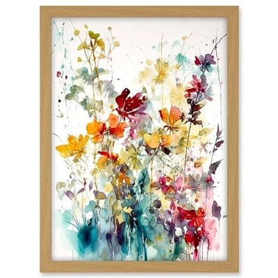 Image of Artery8 Wild Flowers Abstract Watercolour Orange Red Purple Bright Floral Spring Field Artwork Framed A3 Wall Art Print