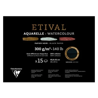 Image of Clairefontaine Ref 975324C Etival Cold Pressed Black Watercolour Painting &amp; Drawing Pad (15 Sheets of Paper) 46 x 61cm 300gsm Cellulose Art Paper