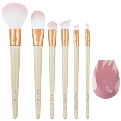 Image of EcoTools Limited Edition Wrapped In Glow Makeup Brush &amp; Sponge Kit, Blender Face Brushes, Seamless Application and Buildable Coverage, 7 Piece Gift Set, Cream
