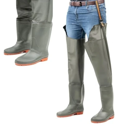 Image of Crystals [DY46 Lightweight Hip Waders with Cleated Sole for Fishing and Hunting PVC Bootfoot Thigh Wader Waterproof Available in Sizes 8 to 11 Men Women, Green (UK 9 EU 43)