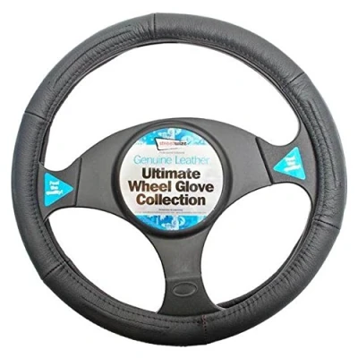 Image of Luxury Genuine Black Real Leather With Stitching Car Steering Wheel Cover