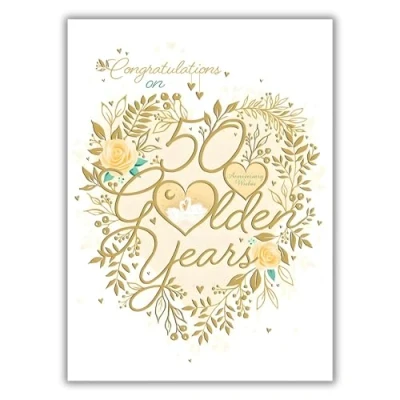 Image of Noel Tatt Milestone Wedding Anniversary Card 50 Golden Years Heart Wreath Eco Friendly &amp; Recyclable