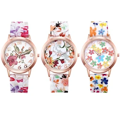Image of JewelryWe Women Watches, Silicone Band Wristwatch Round Analog Quartz Watch Floral Casual Dress for Ladies Girls, Xmas