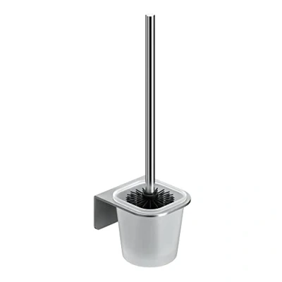 Image of WEISSENSTEIN Self Adhesive Toilet Brush and Holder 3M VHB Industrial Strength 100% Stainless Steel Frosted Glass Silver