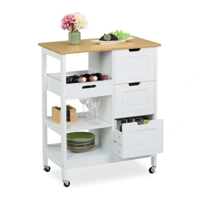 Image of Relaxdays Kitchen Island Cart, Countertop, 3 Drawers, Shelves, 85 x 68.5 38.5 cm, Rolling Trolley, White/Natural, Wood, Fibreboard