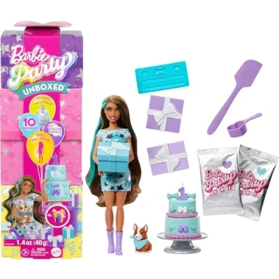Image of Barbie Party Unboxed Doll &amp; Accessories, Pet Birthday Series Stars Set with 10 Surprises Including Color Change Cake Decorating Activity, JFG72