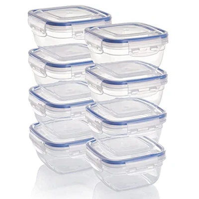 Image of Grizzly plastic food storage containers set, 8x with lids, square, stackable, microwave and dishwasher safe