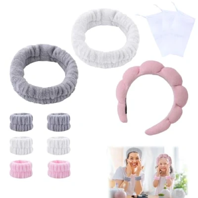 Image of 12 Pcs Spa Headband Set, Soft Puffy Makeup with Wristbands &amp; Bubble Nets, Face Wash Headband, Elastic Terry Cloth Hairband for Washing Face, Yoga, Sports, Shower, Girls Women gift