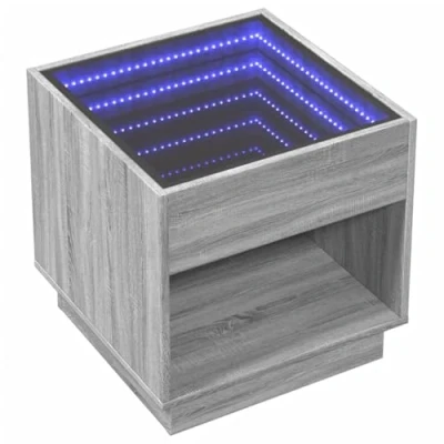 Image of vidaXL Grey Sonoma Bedside Table Engineered Wood Nightstand with RGB LED Lights, Infinity Mirror Top, 50x50x50 cm, USB Powered