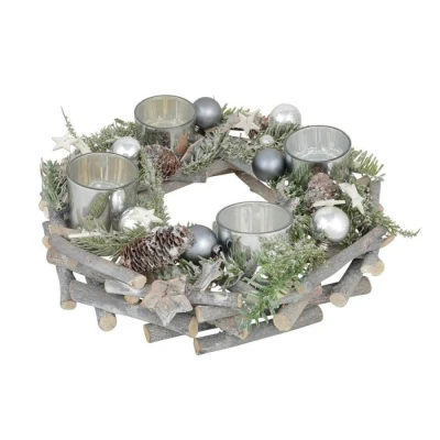 Image of Mr Crimbo 30cm Wooden Advent Wreath Candle Holder Christmas Decoration Rustic Grey Sticks Pine Branches Cones Silver Baubles Tealight Votive Table Centrepiece