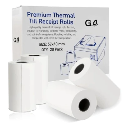 Image of 20 Rolls 57 x 40 Thermal Paper Till Receipt Roll for Cash Register, POS, Credit Card Machine with Red Warning Strip