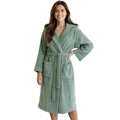Image of Morgenstern Women&#039;s Terry Towelling Bathrobe 100% Cotton with Hood Long Oeko Tex, Reed Green, XL