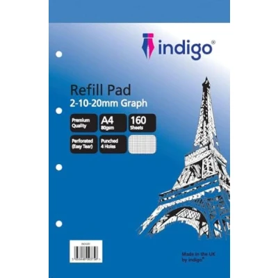 Image of indigo® A4 Refill Pad 160 Pages Headbound Perforated Punched Hole (2 10 20mm Graph, Pack 2)