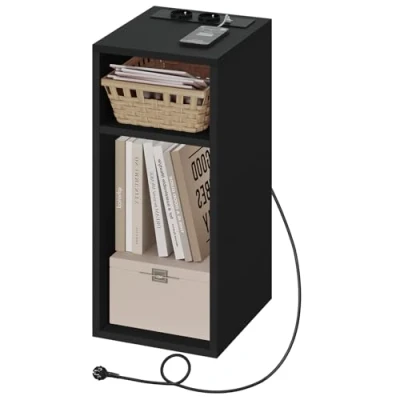 Image of WOLTU Bedside Table, Nightstand with Charging Station 2 Sockets and USB Ports, Black Side Table Open Compartments, Narrow for Living Room Bedroom, 25x30x60cm, NTS06sz