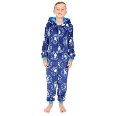 Image of Chelsea Football Club Boys Fleece Sleepsuit Kids All in One (13 14 Years) Blue