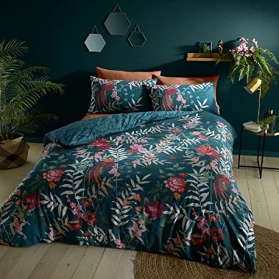 Image of Catherine Lansfield Tropical Floral Birds Reversible Single Duvet Cover Set with Pillowcase Green