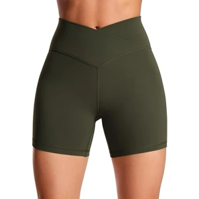 Image of CRZ Yoga Womens Butterluxe 5&quot; V Cross Cycling Shorts Crossover Gym High Waisted Tummy Control Workout Olive Green 12