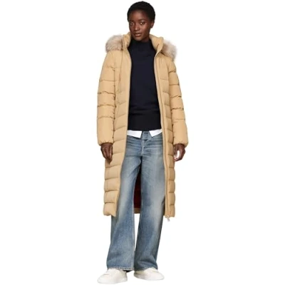 Image of Tommy Hilfiger Women&#039;s Heritage Tyra Maxi Down Coat with Fur Trimmed Hood, Beige (Classic Khaki), S